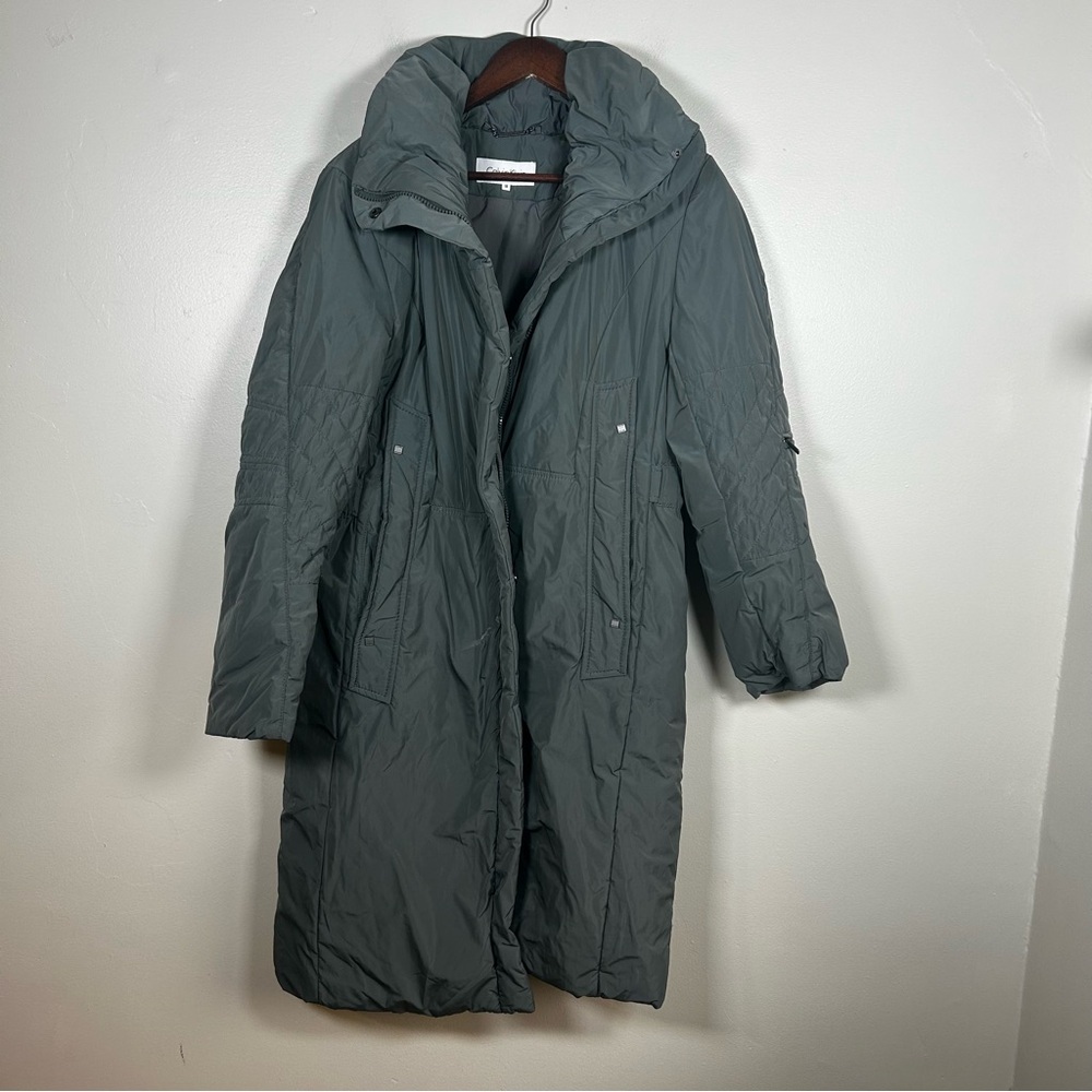 Calvin Klein Womens Long Puffer Coat Quilted Sleeve Collared Zip Up Gray Medium